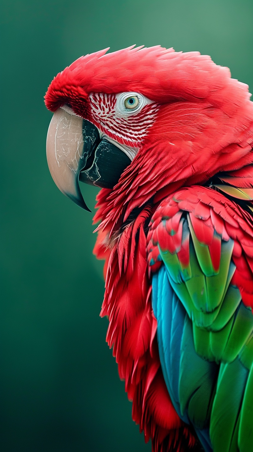 "金刚鹦鹉,红橙斑斓,灵动如诗.蓝色眼眸深邃,仿佛藏着大自然的秘密.