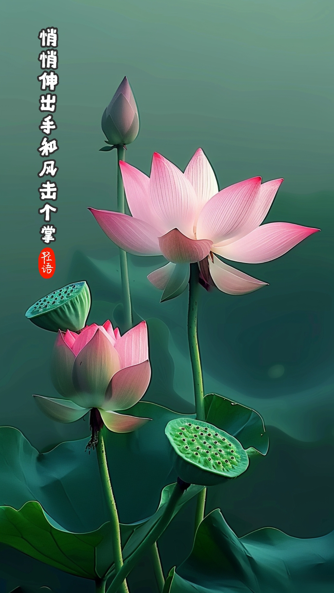 荷花盛开夏日长, 绿叶亭亭映池塘.  清风徐来香满溢, 露珠点缀更添芳.