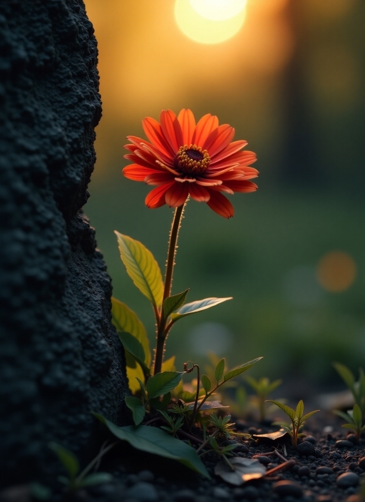 在石缝里一朵花绽放 橘色的花瓣如晨曦辉映 它静静诉说着逆境的