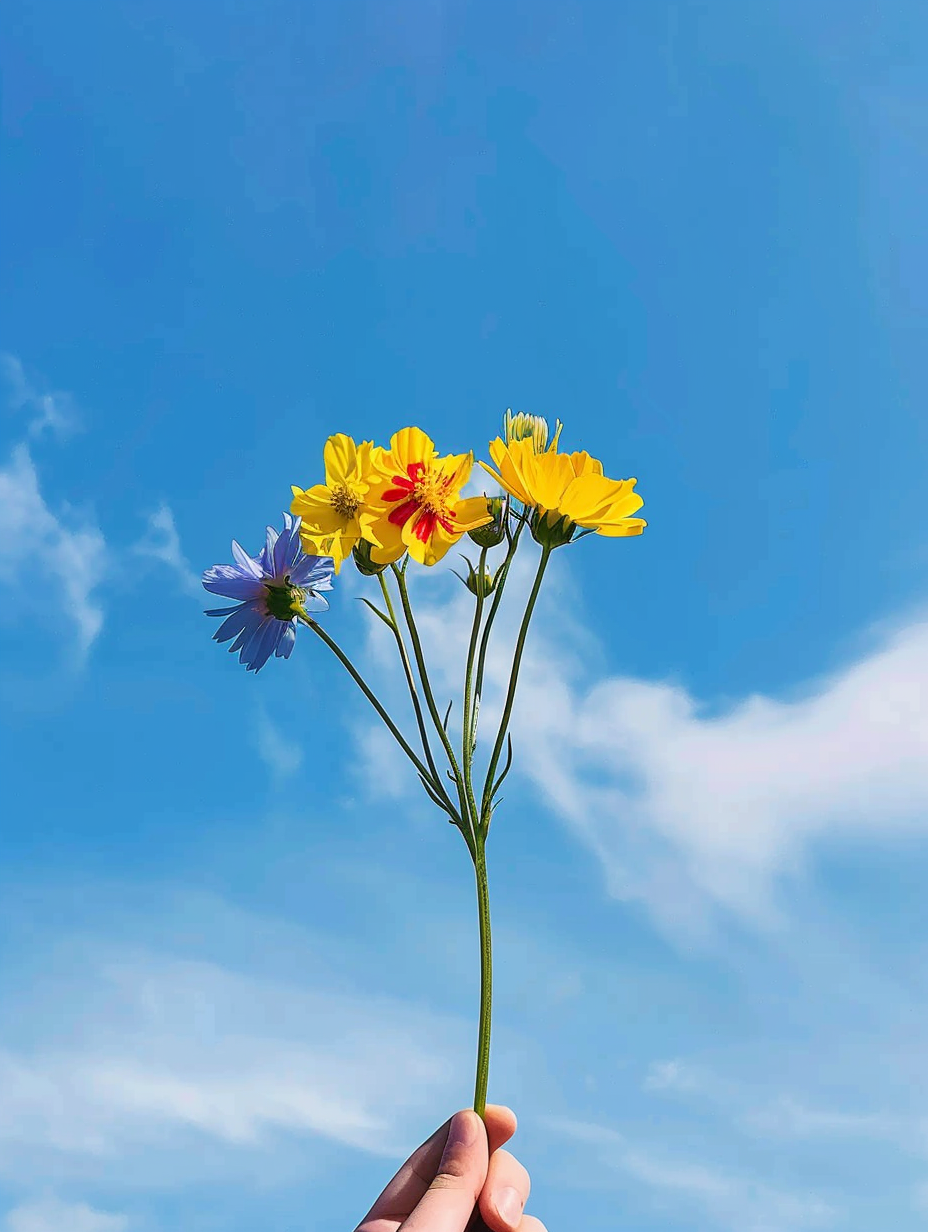 手持花束迎风扬,艳丽色彩映天光 绚烂花儿多娇美,纷繁花团拥芬芳.