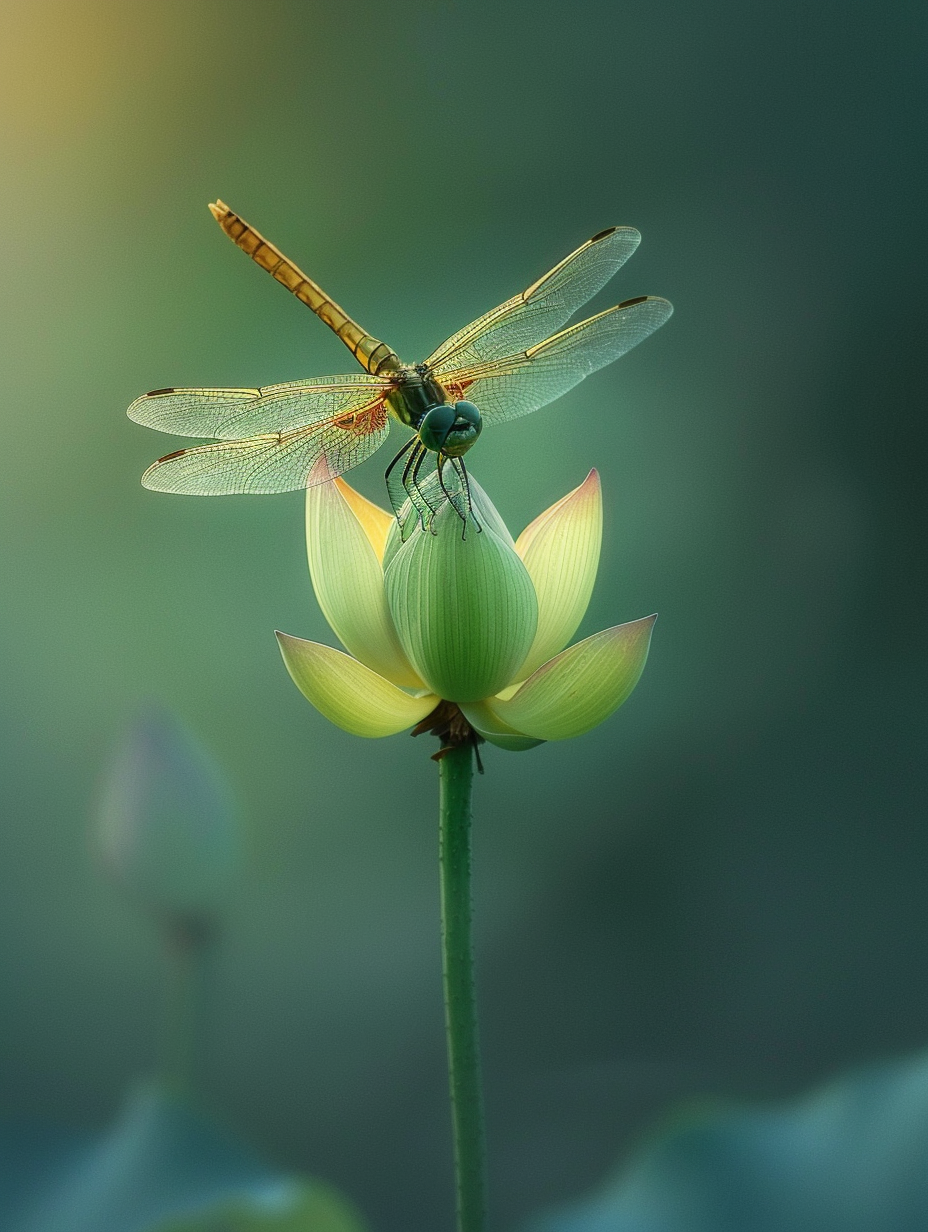 绿意盎然间,蜻蜓轻舞于莲花之上,捕捉大自然的瞬间美好.