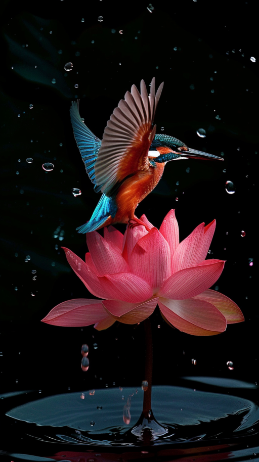 在静谧的湖面,一只翠鸟静静地落在了荷花之上,它那鲜艳的羽毛在阳光下