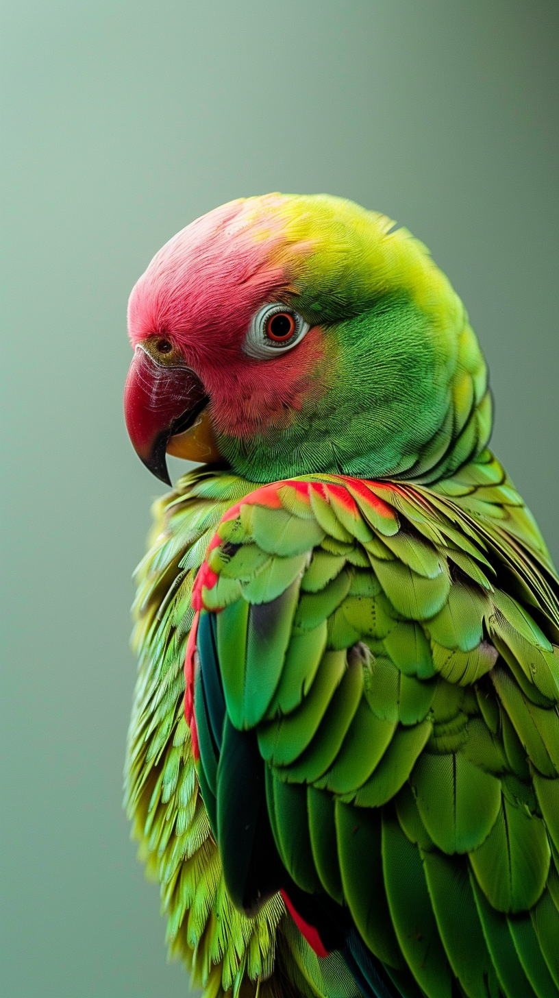 "金刚鹦鹉,红橙斑斓,灵动如诗.蓝色眼眸深邃,仿佛藏着大自然的秘密.