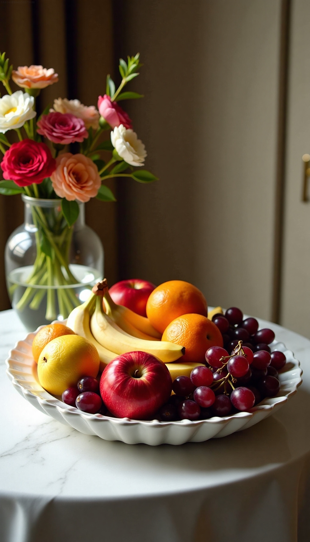 新鲜水果盘里装满了苹果,橙子和葡萄,摆在桌子上,旁边是花瓶里的花