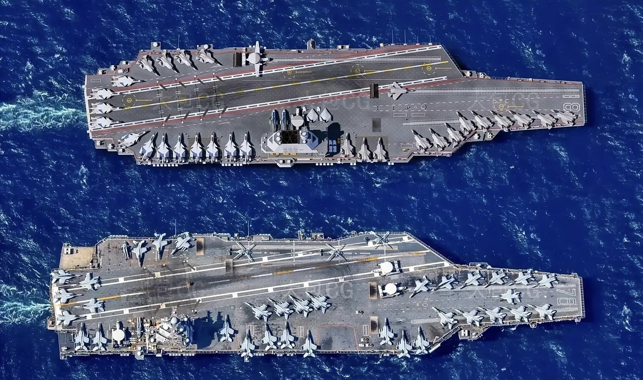 网友制作的福建舰和美国海军福特号对比图,可以直观看出两艘超级航母