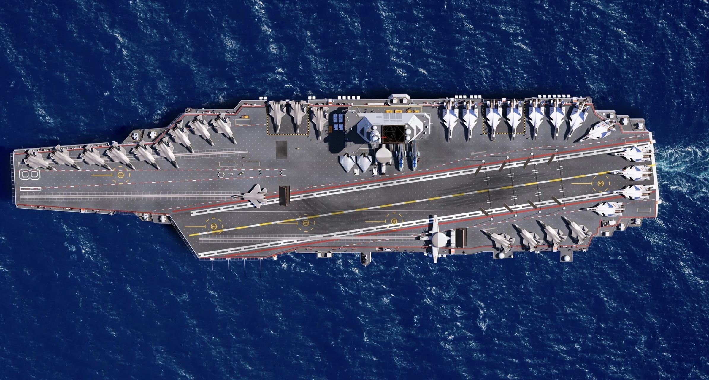 美国海军福特号航空母舰的舰岛非常靠后,这样设计的优点是可以把更多