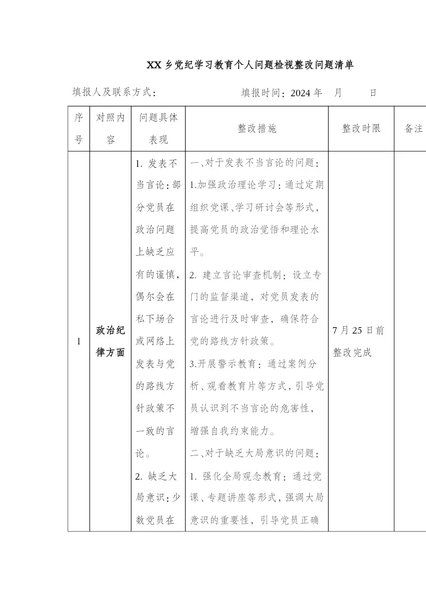 个人整改清单=个人整改清单模板