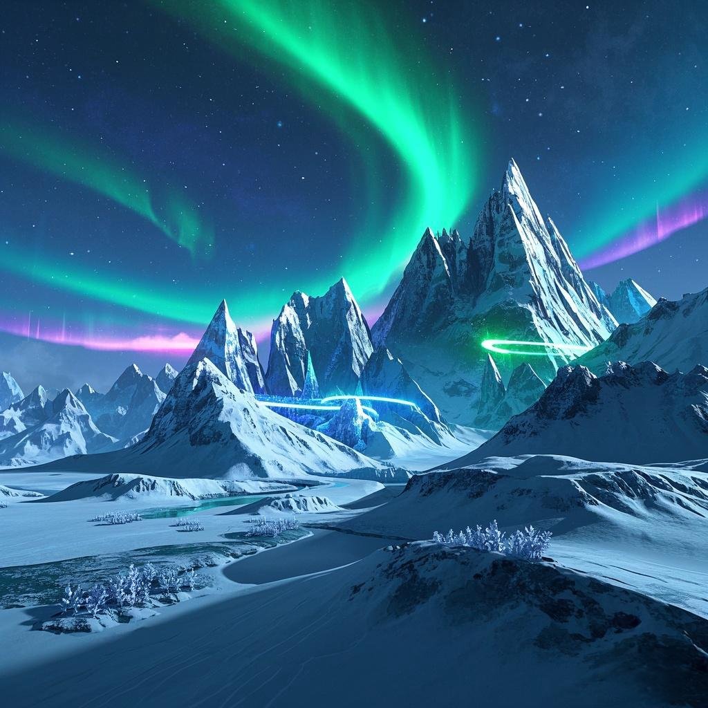 这些图片展示了一个梦幻般的极地景观,背景是壮丽的极光