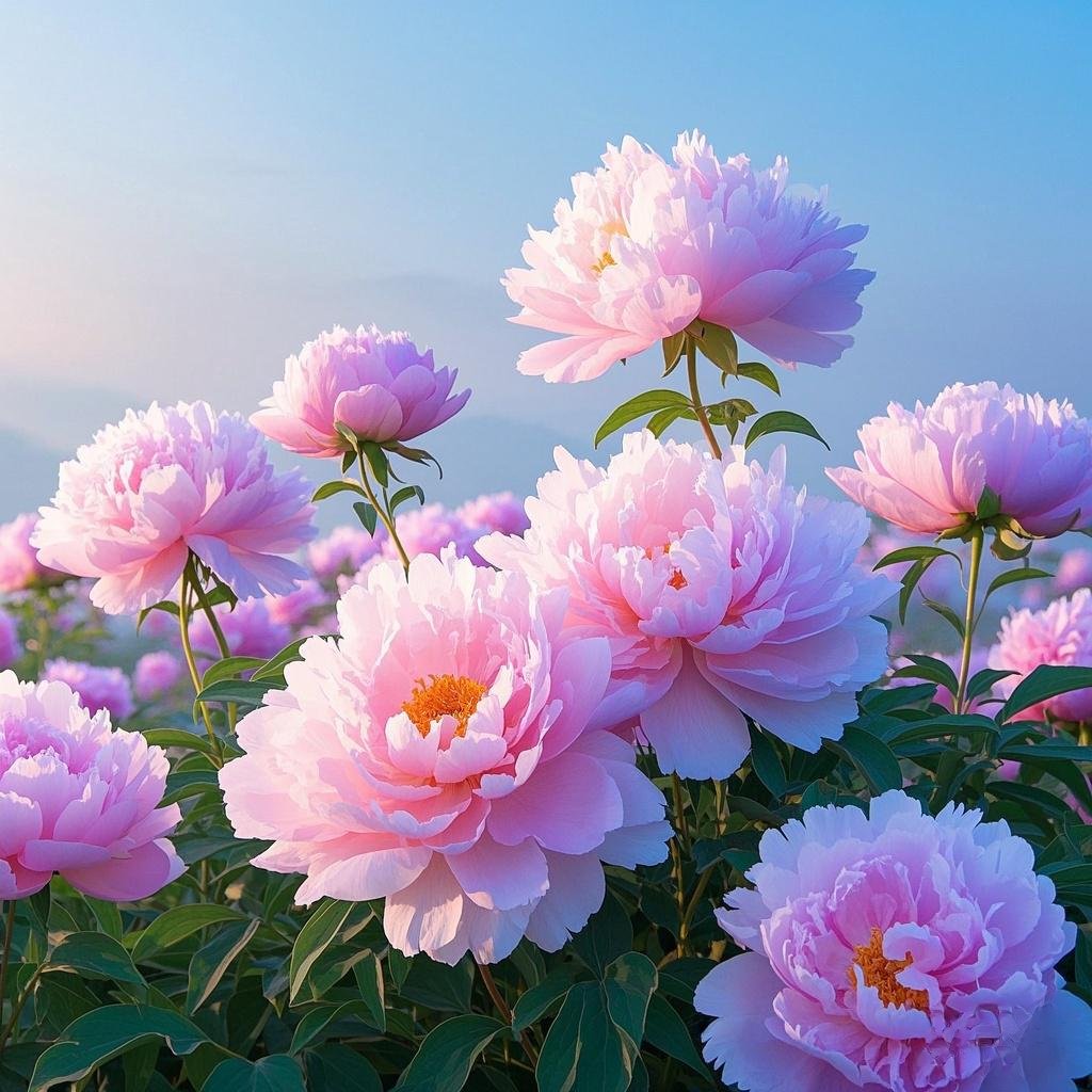 在晨光的温柔轻抚下,粉红牡丹如云霞绽放