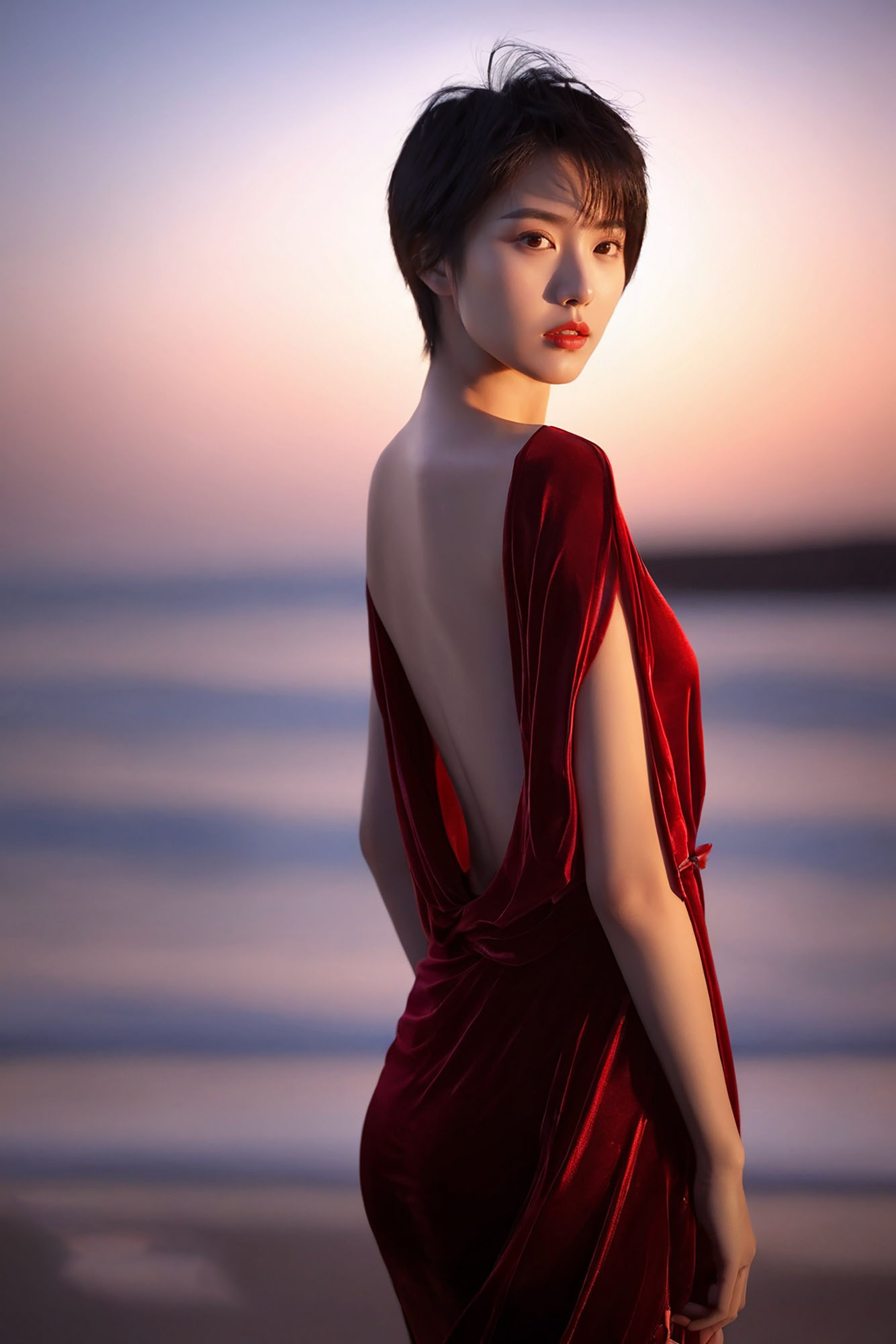 短发如墨,直而柔顺,随风轻舞.