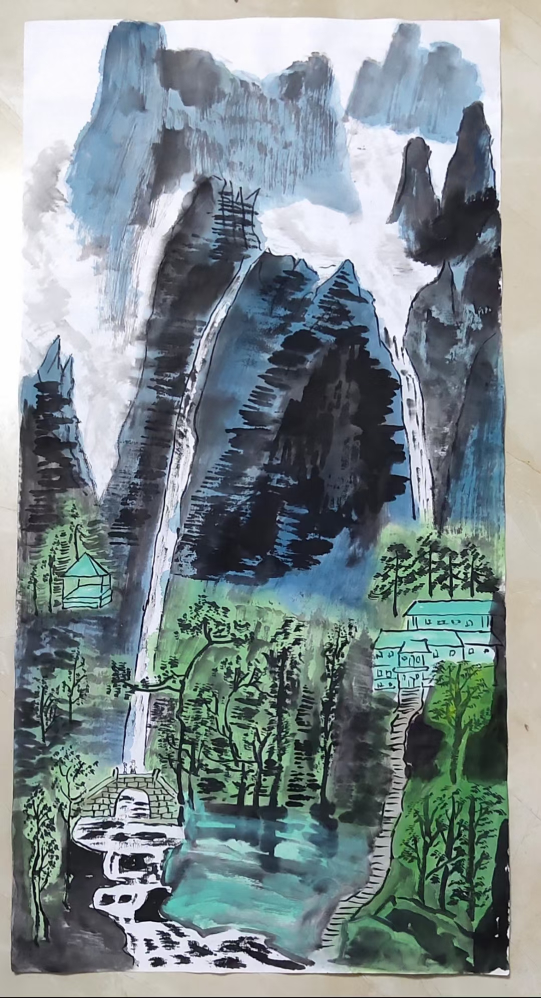 临李可染《黄山人字瀑》