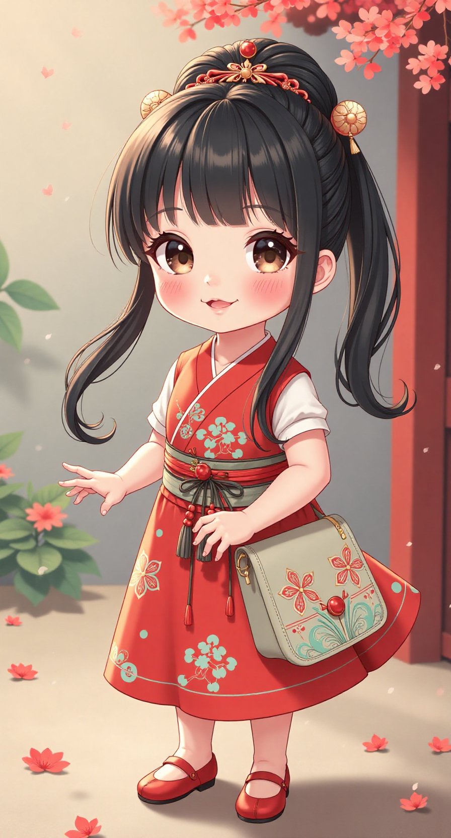 在温暖的春光里,樱花瓣如粉红雪落,一抹鲜红在女孩掌