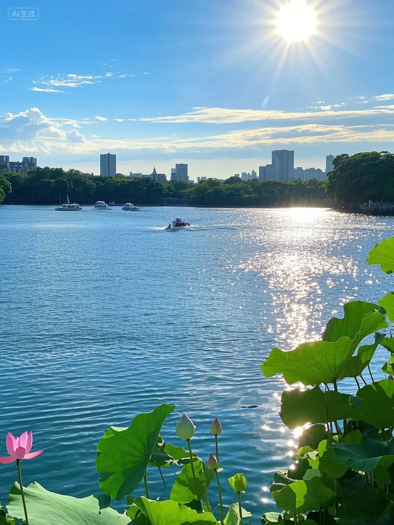 以仰视视角,展现远景花都湖全景的绝美壮丽画面