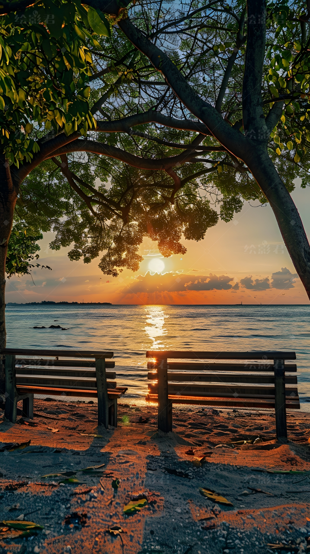 喜欢落日 喜欢大海 更喜欢你[温暖]  78夕阳下的海边长椅,仿佛是大