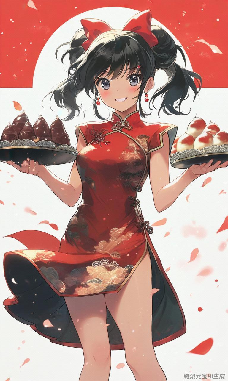 女性角色,黑色双马尾,红色蝴蝶结,红色中式旗袍,黑色手套,黑色靴子