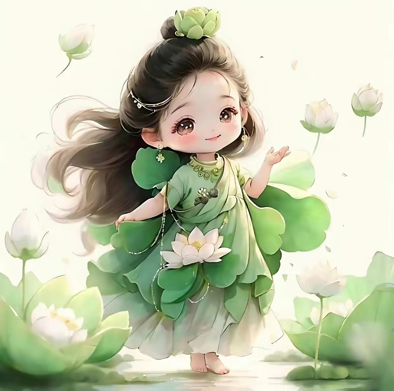 "插画中的小女孩,身穿翠绿的古装,手持一朵盛开的白莲,背景是一片浅绿