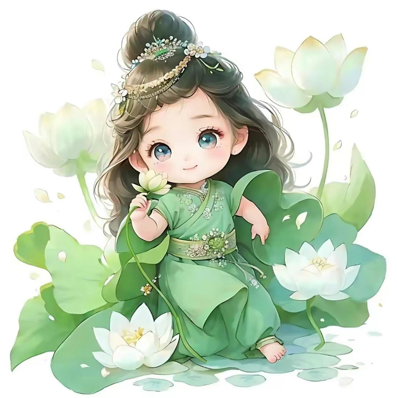 "插画中的小女孩,身穿翠绿的古装,手持一朵盛开的白莲,背景是一片浅绿