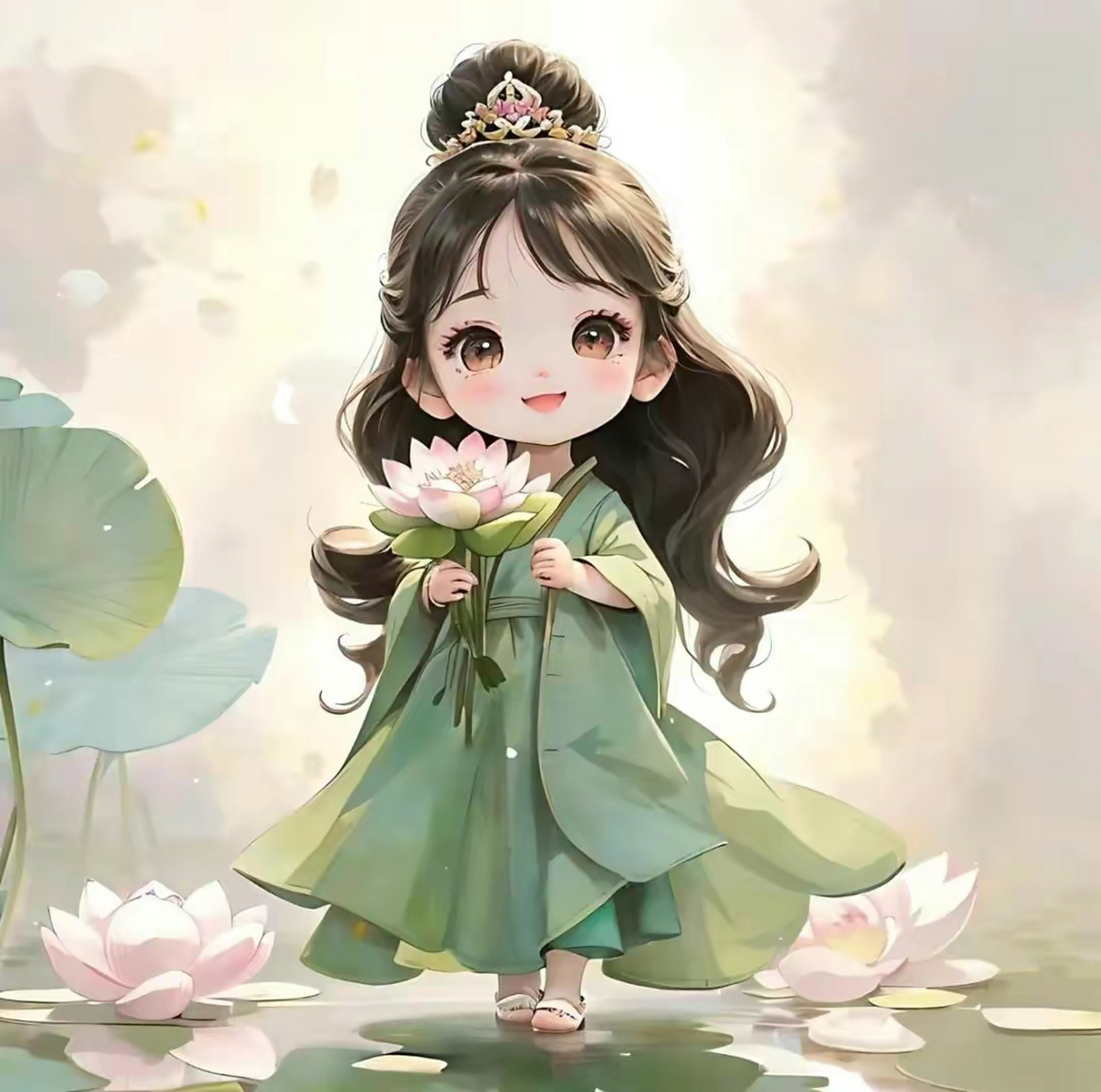 "插画中的小女孩,身穿翠绿的古装,手持一朵盛开的白莲,背景是一片浅绿