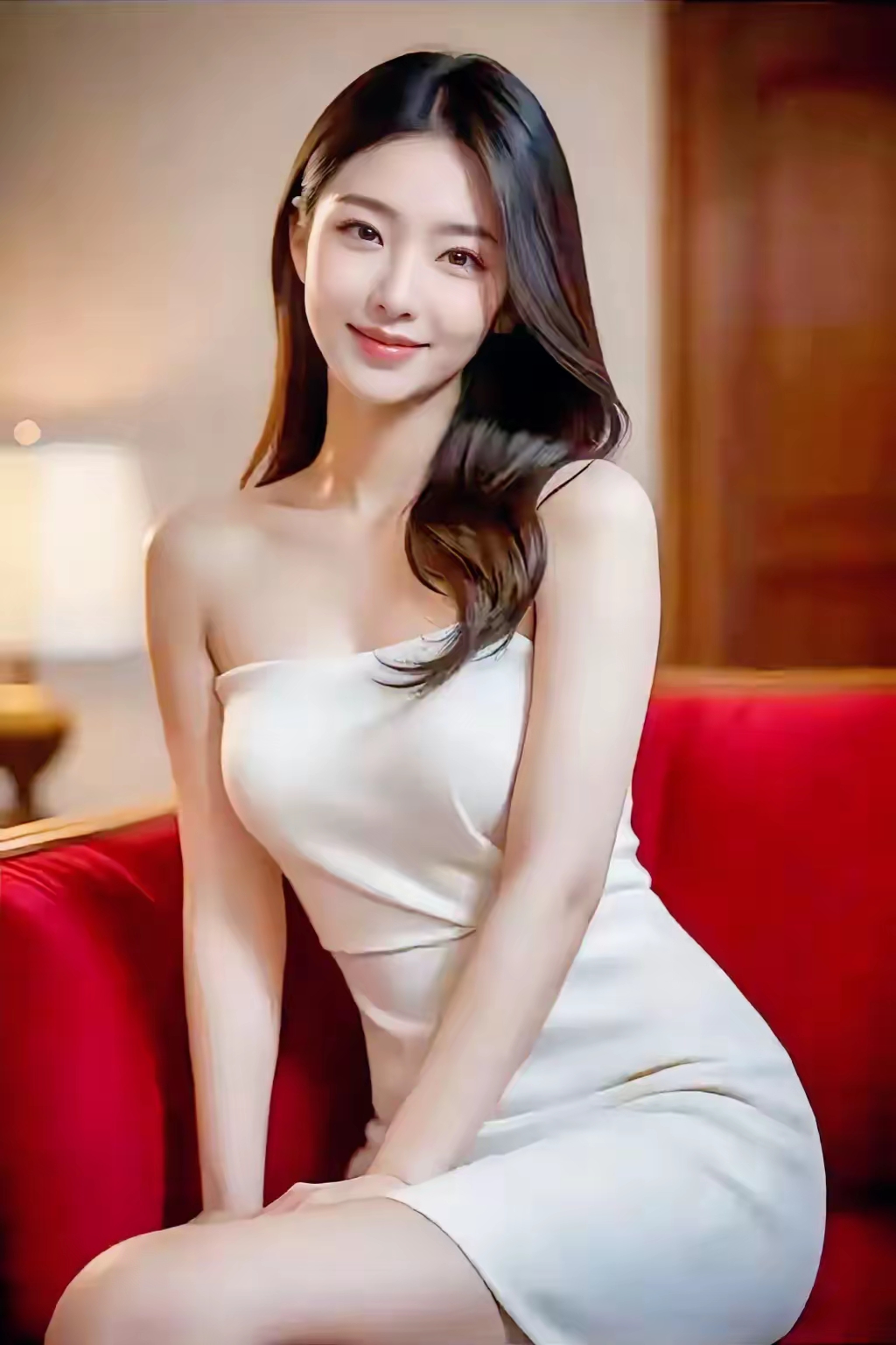 坐在温馨的红沙发上,长发飘飘的美女正在细心整理家居