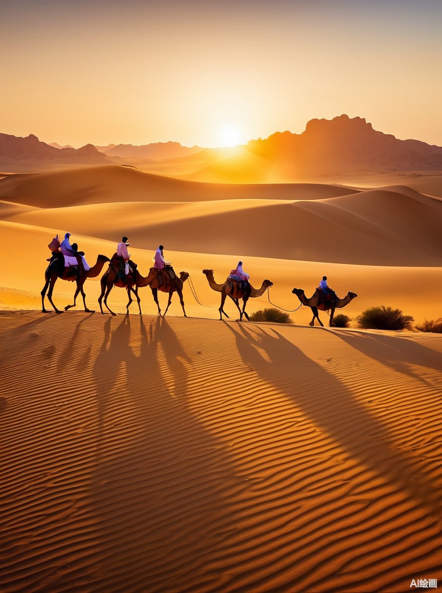 夕阳下的沙漠旅行,骑着骆驼追寻落日余晖.#热点引擎计划