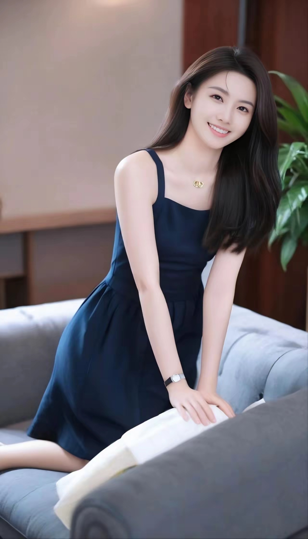 在柔和的灯光下,她悠然坐于沙发之上,姿态端庄而不失温婉,宛如一株