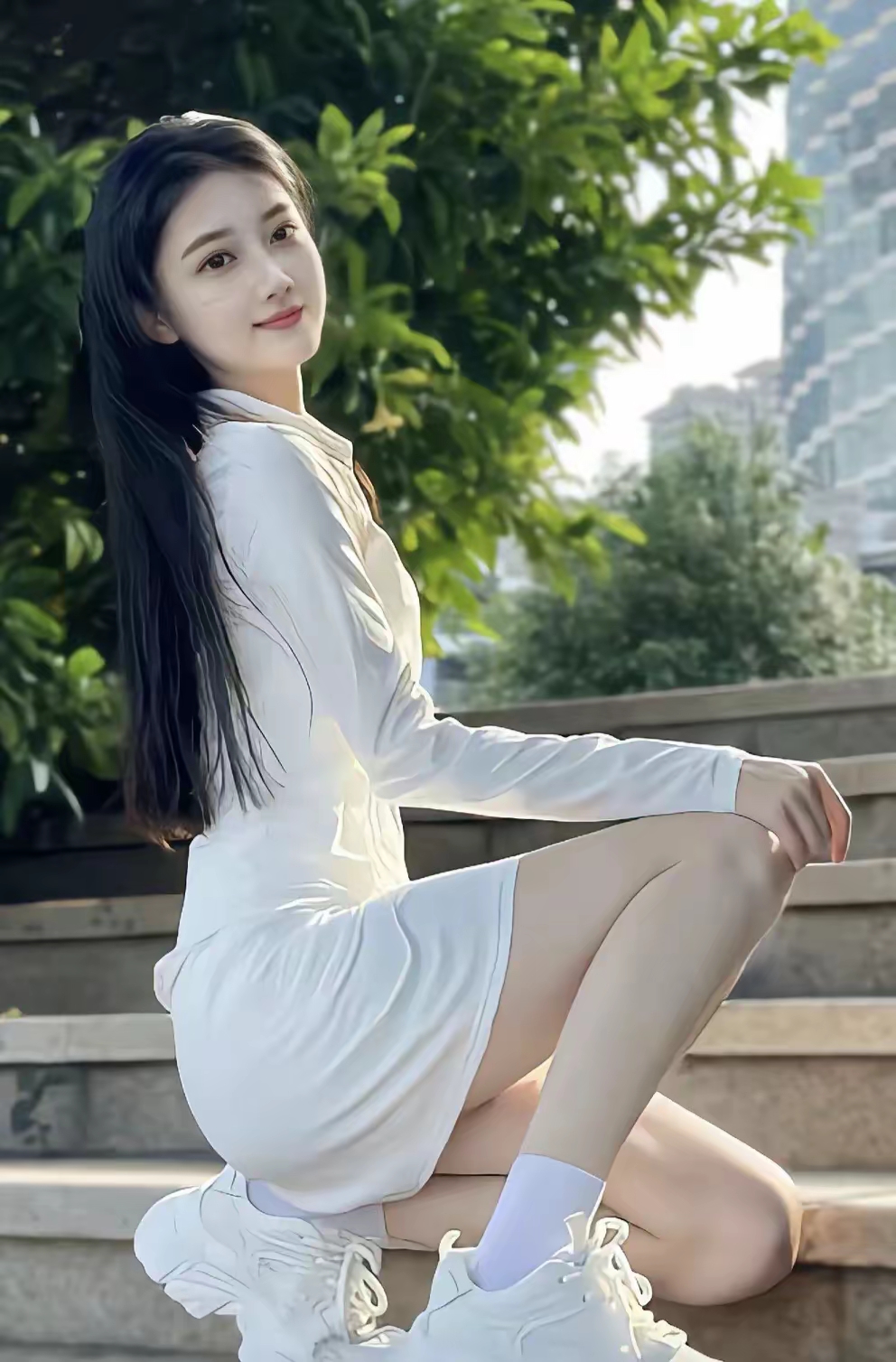 运动女孩一身白,黑色长发回头笑.#美女穿搭分享
