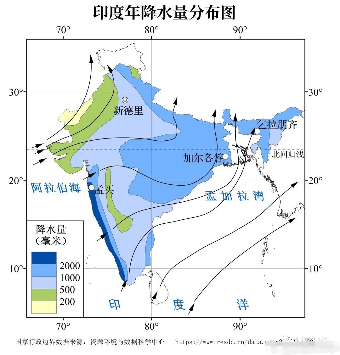 印度年降水量分布示意