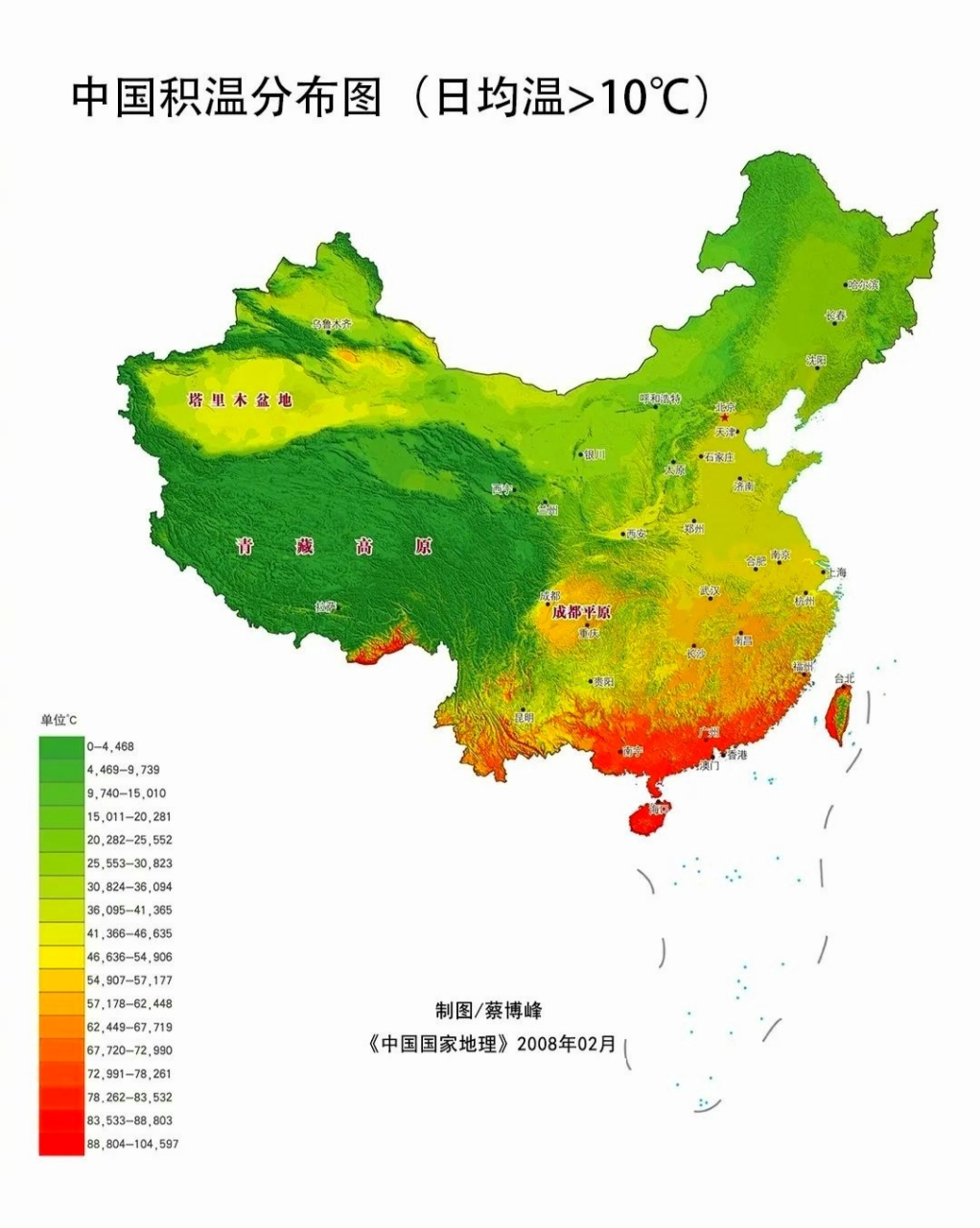 中国积温分布图(日均温>10度)