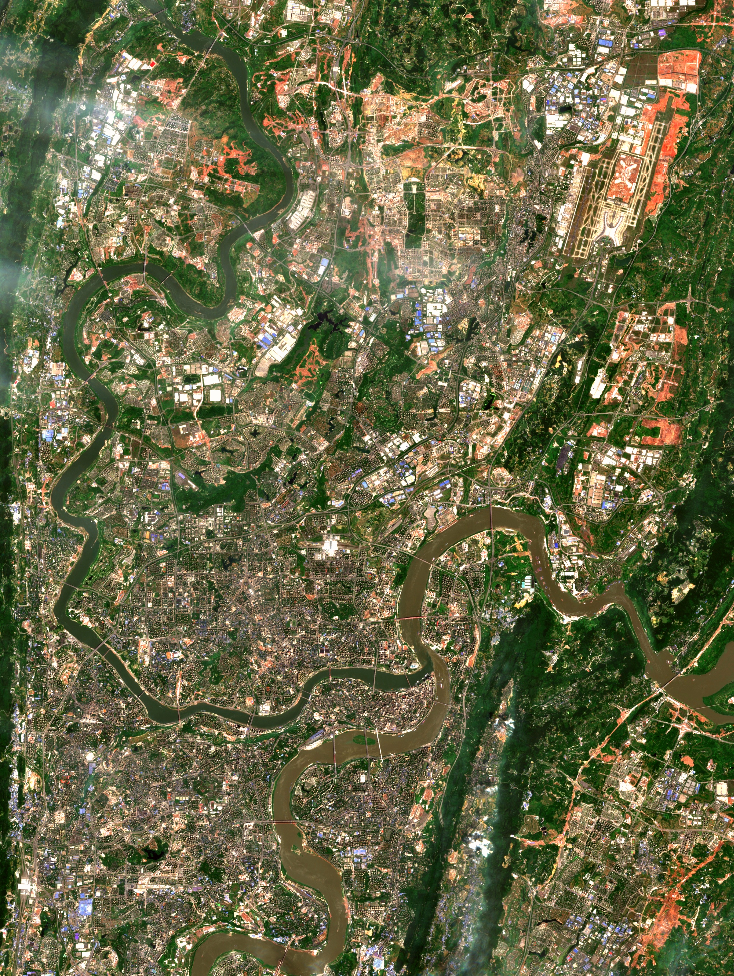重庆市主城区高清卫星图片 重庆,四大直辖市之一,素有"山城"之称,这是