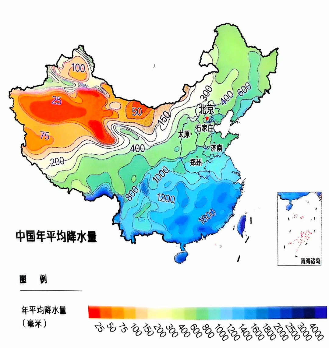 中国年平均降水量示意图
