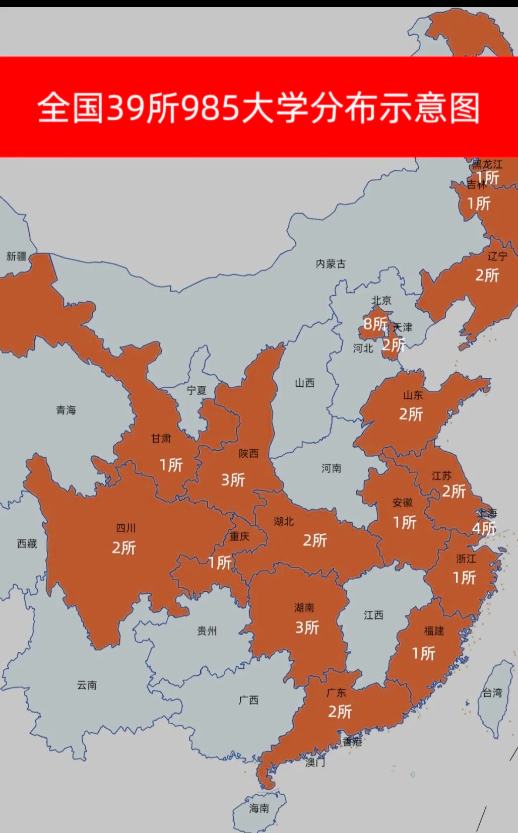 全国39所985学校分布示意