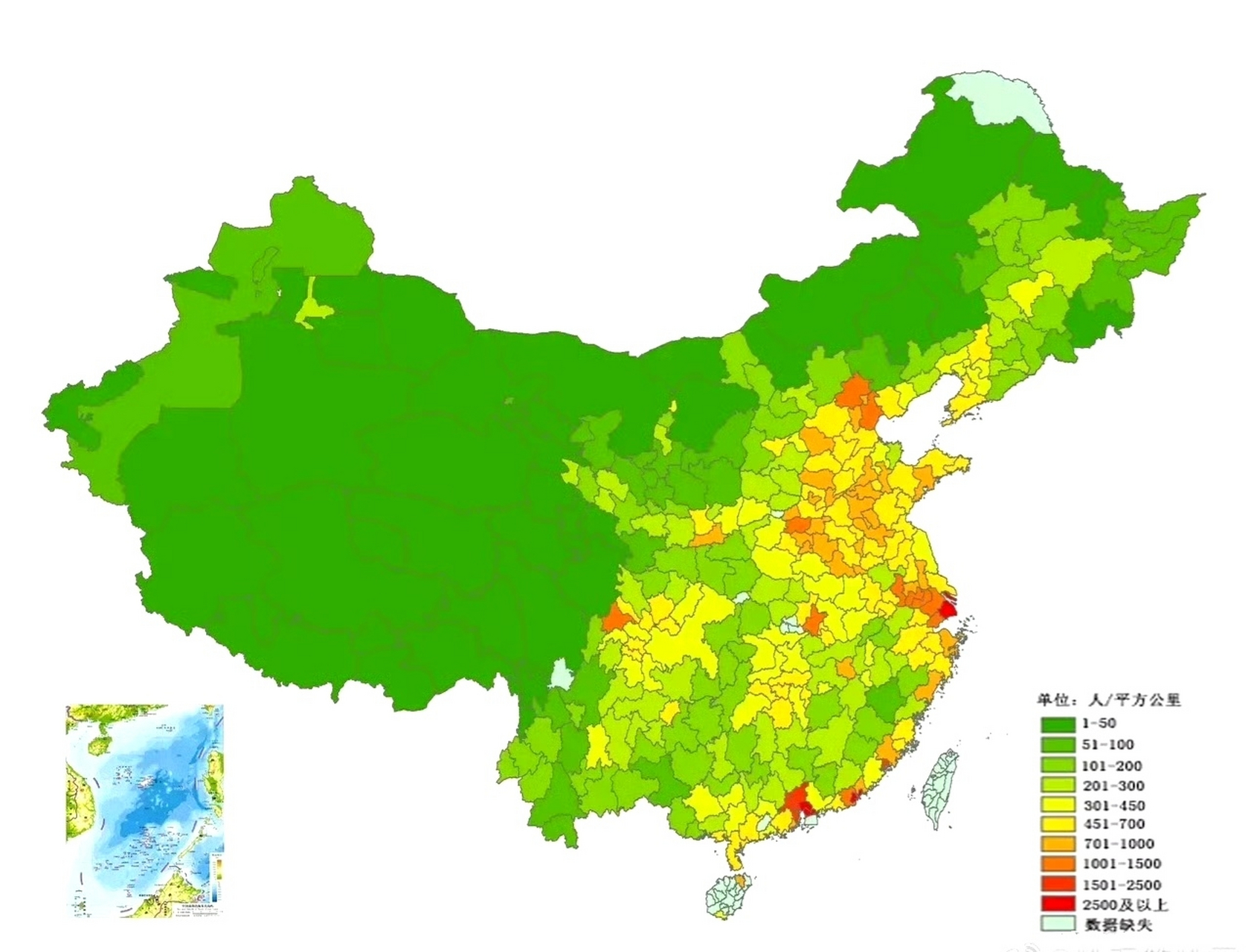 中国人口密度示意图