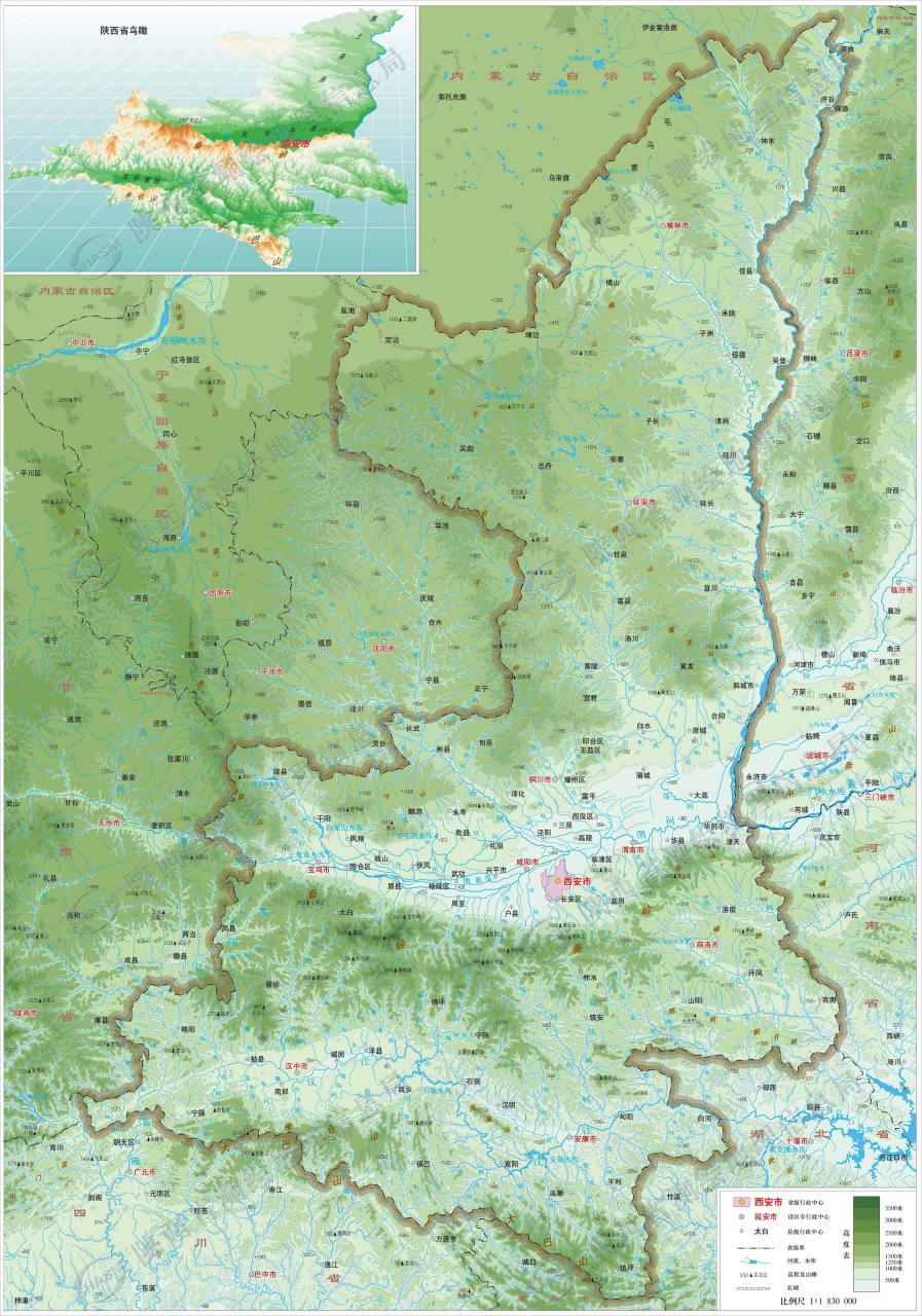 陕西省高清地形图 陕西省地跨我国南方地区和北方地区,从北至南主要的