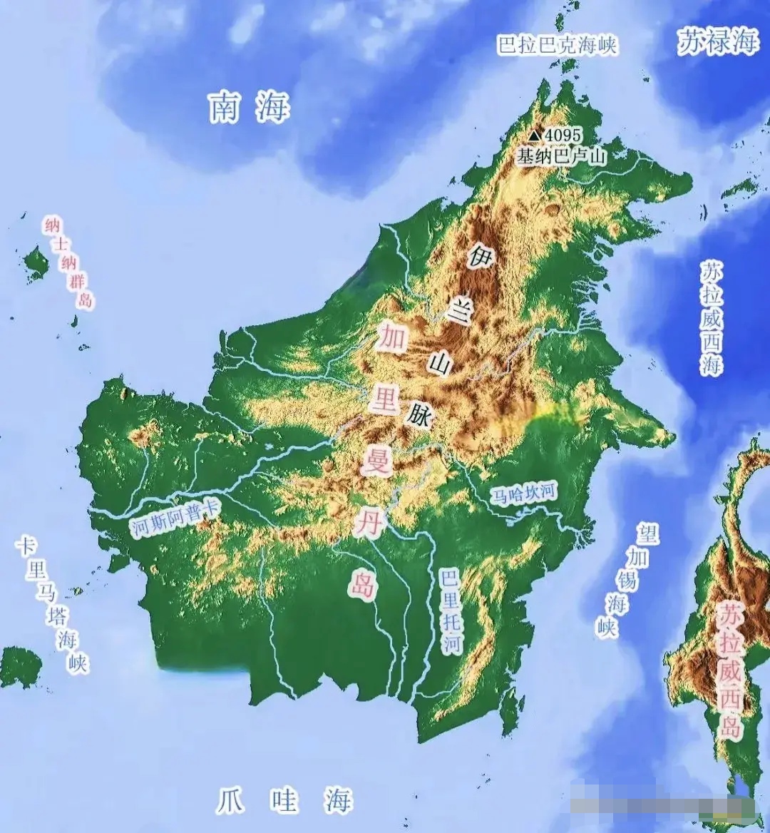婆罗洲地势图(加里曼丹岛,世界第三大岛,面积73.4万平方公里)