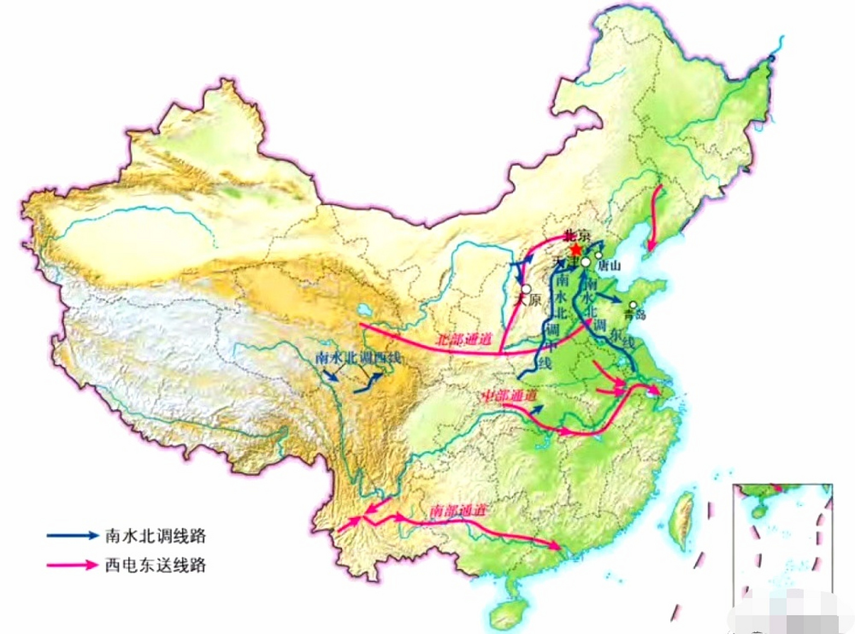 南水北调与西电东送示意图
