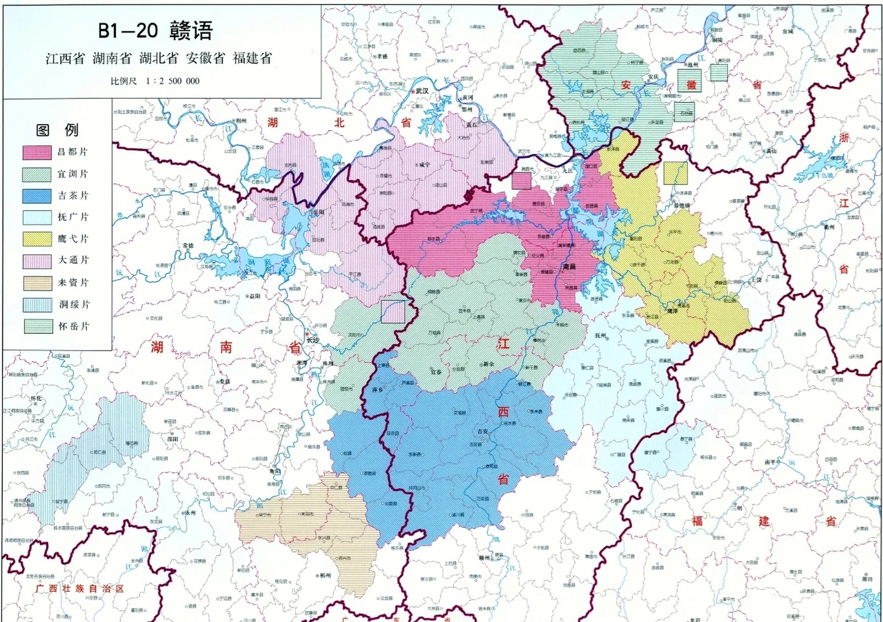 汉语赣方言分布示意图