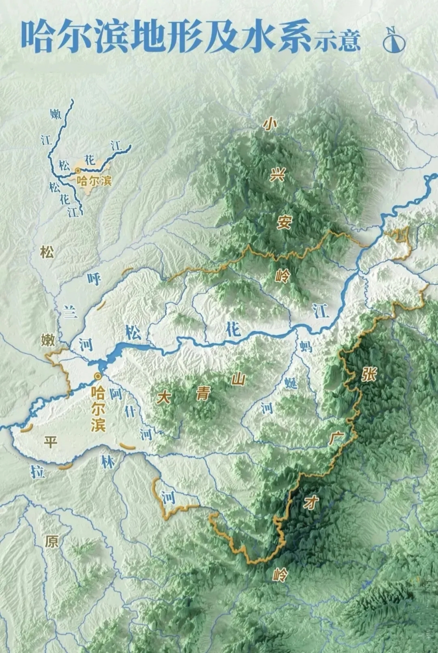 哈尔滨市地形及水系图