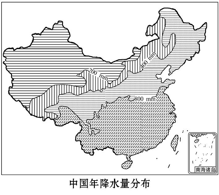 中国年降水量分布示意