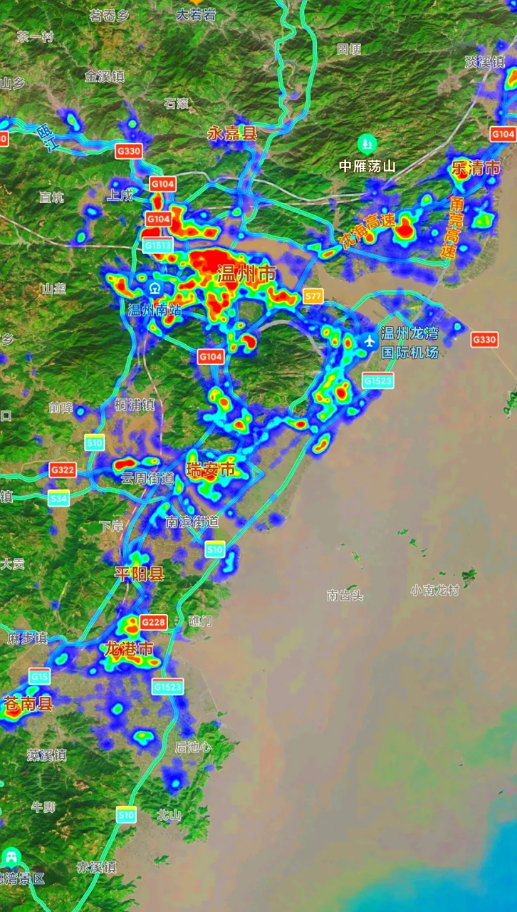 温州地区各县市区热力图分布 主中心鹿城,瓯海,瓯北无疑热力面积是最