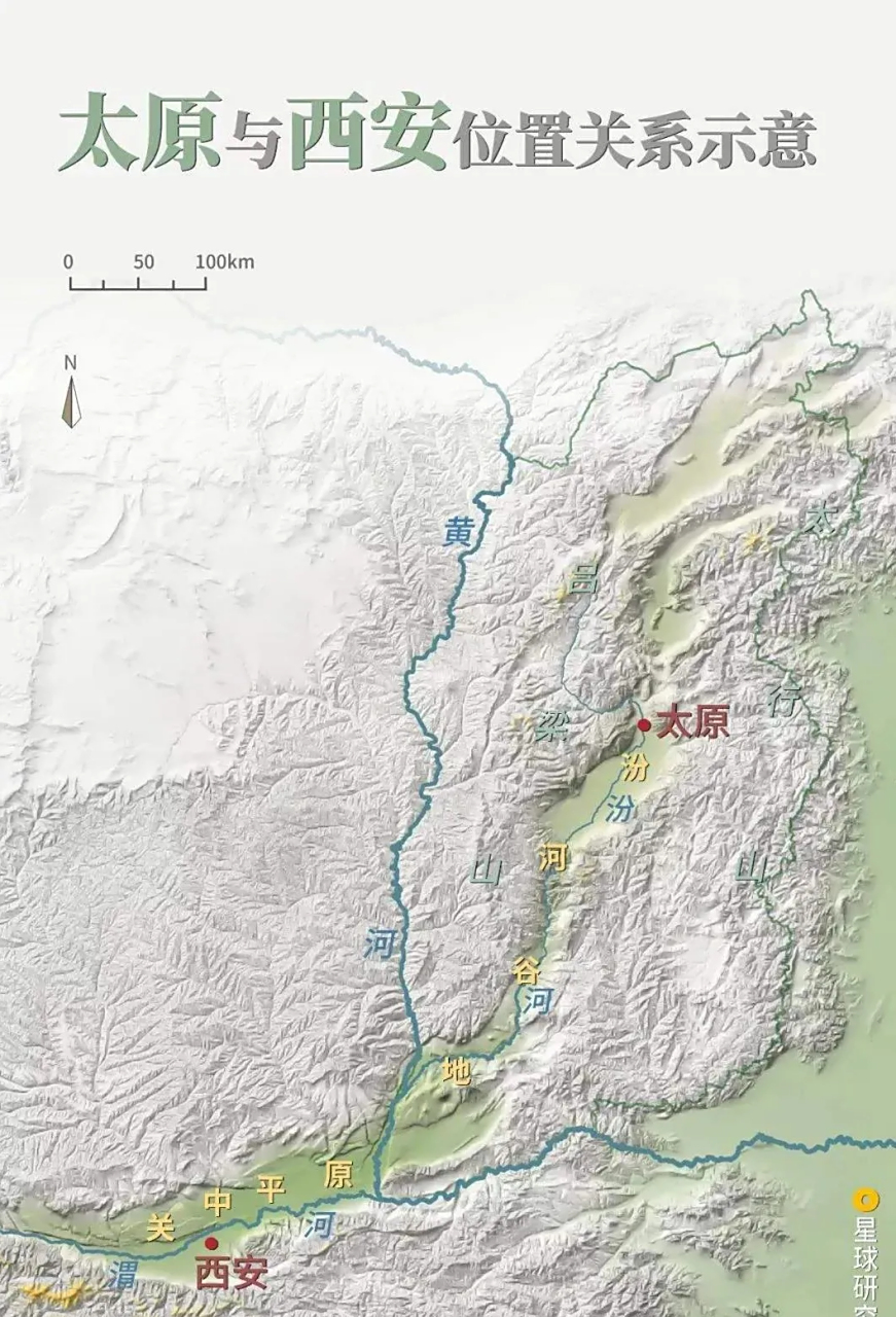 太原与西安关系示意图 渭河与汾河是黄河中游两大水系,其所在地域历史
