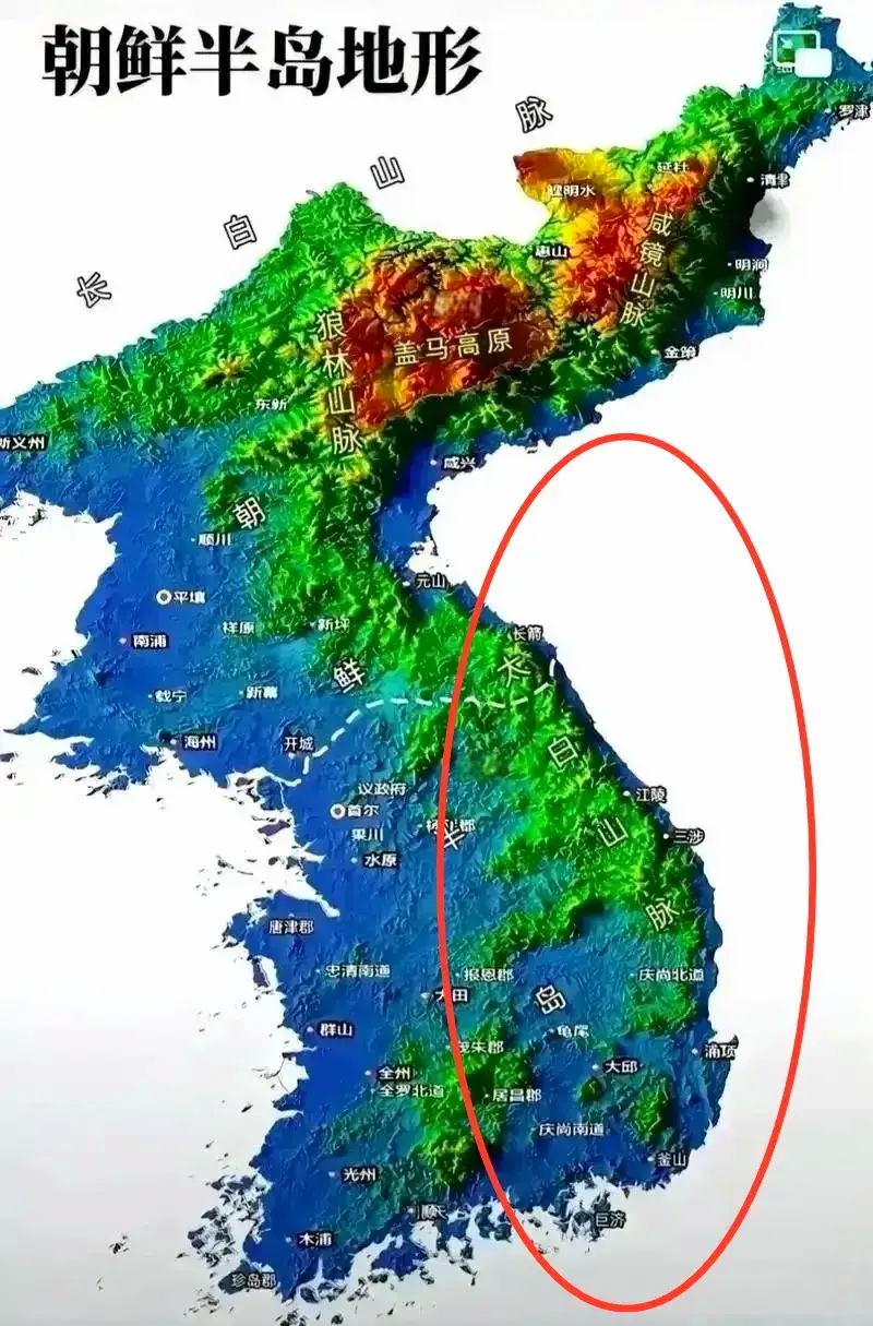 朝鲜半岛太白山脉示意图