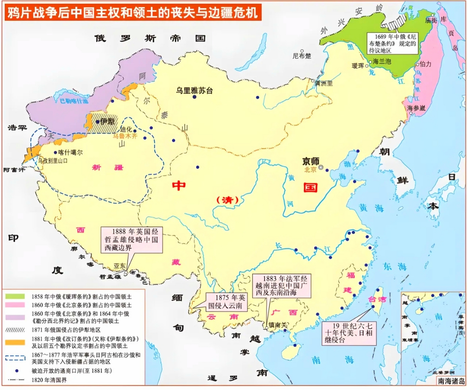 鸦片战争后中国主权与领土的丧失与边疆危机示意图