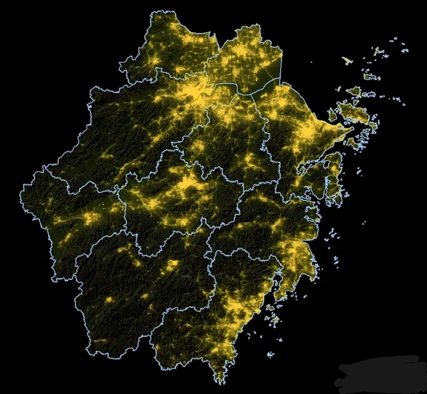 浙江省与福建省俱是东南沿海地区的经济发达省,看看两地城市之灯光