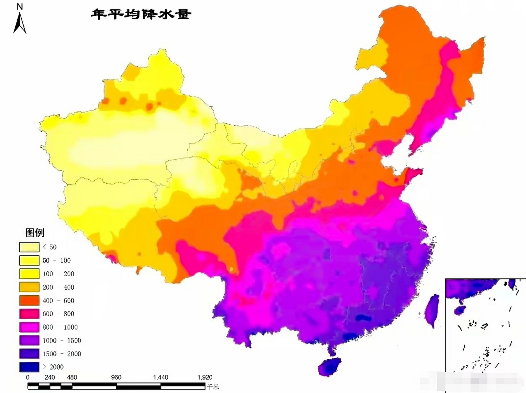 中国年降水量分布示意