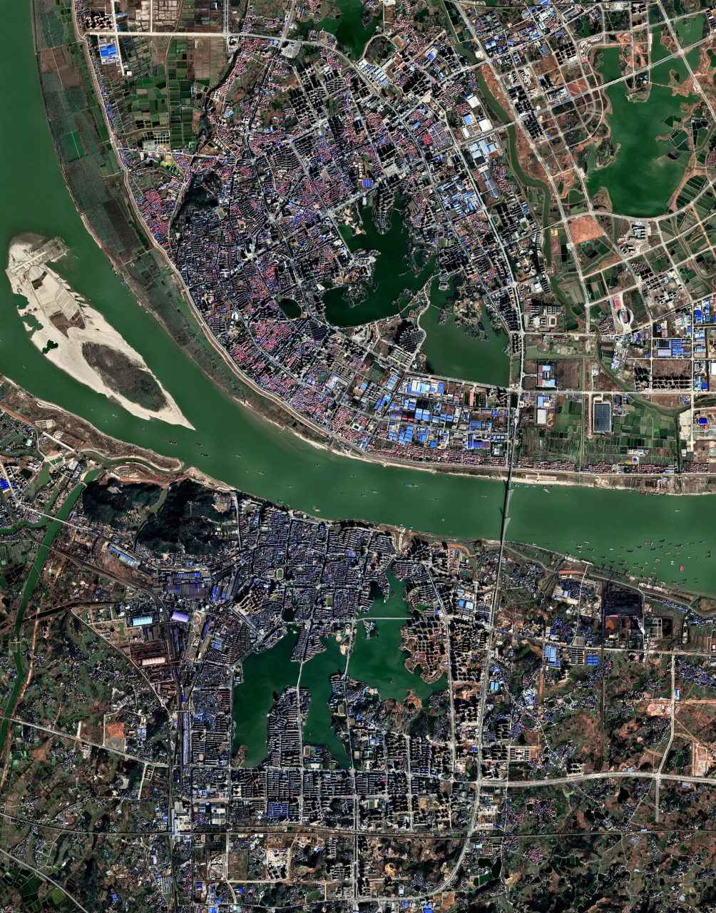湖北省黄冈-鄂州市最近卫星图(6) 2023年6月份卫星影像图片,一江两岸