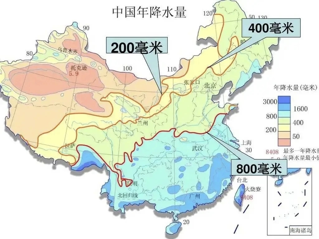 中国年降水量示意图