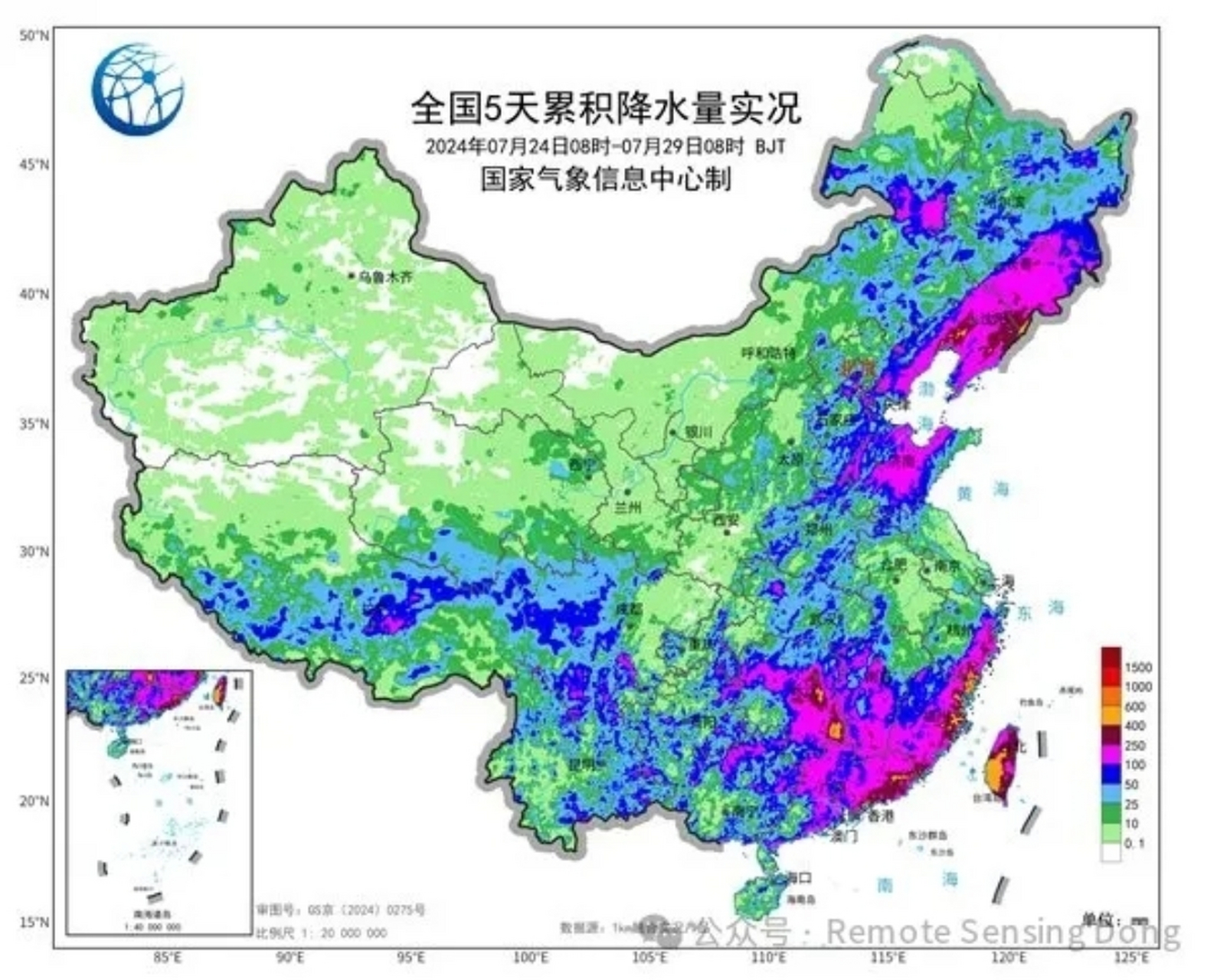 全国最近五天降水量实况示意图