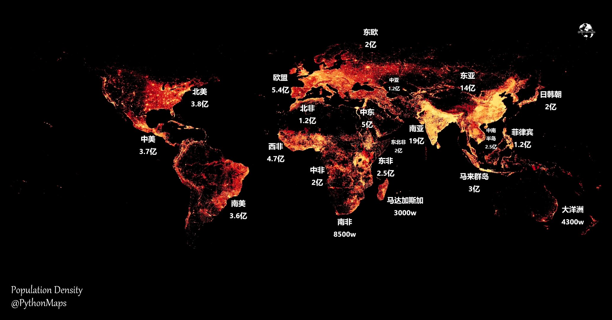 最新世界人口热力图 下面这张地图上黑色的部分为无人区