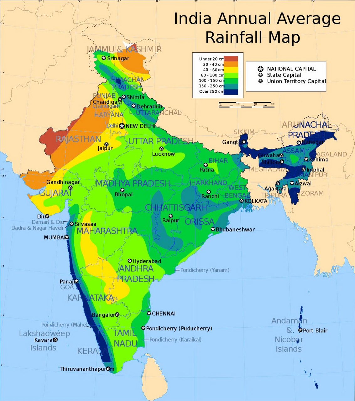 印度各地的降水量分布图