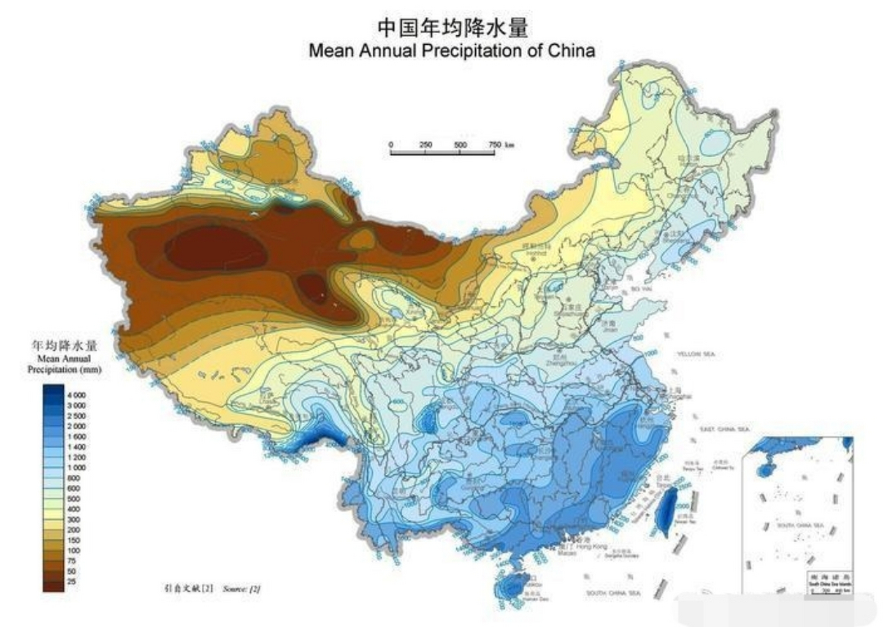 中国年均降水量示意图